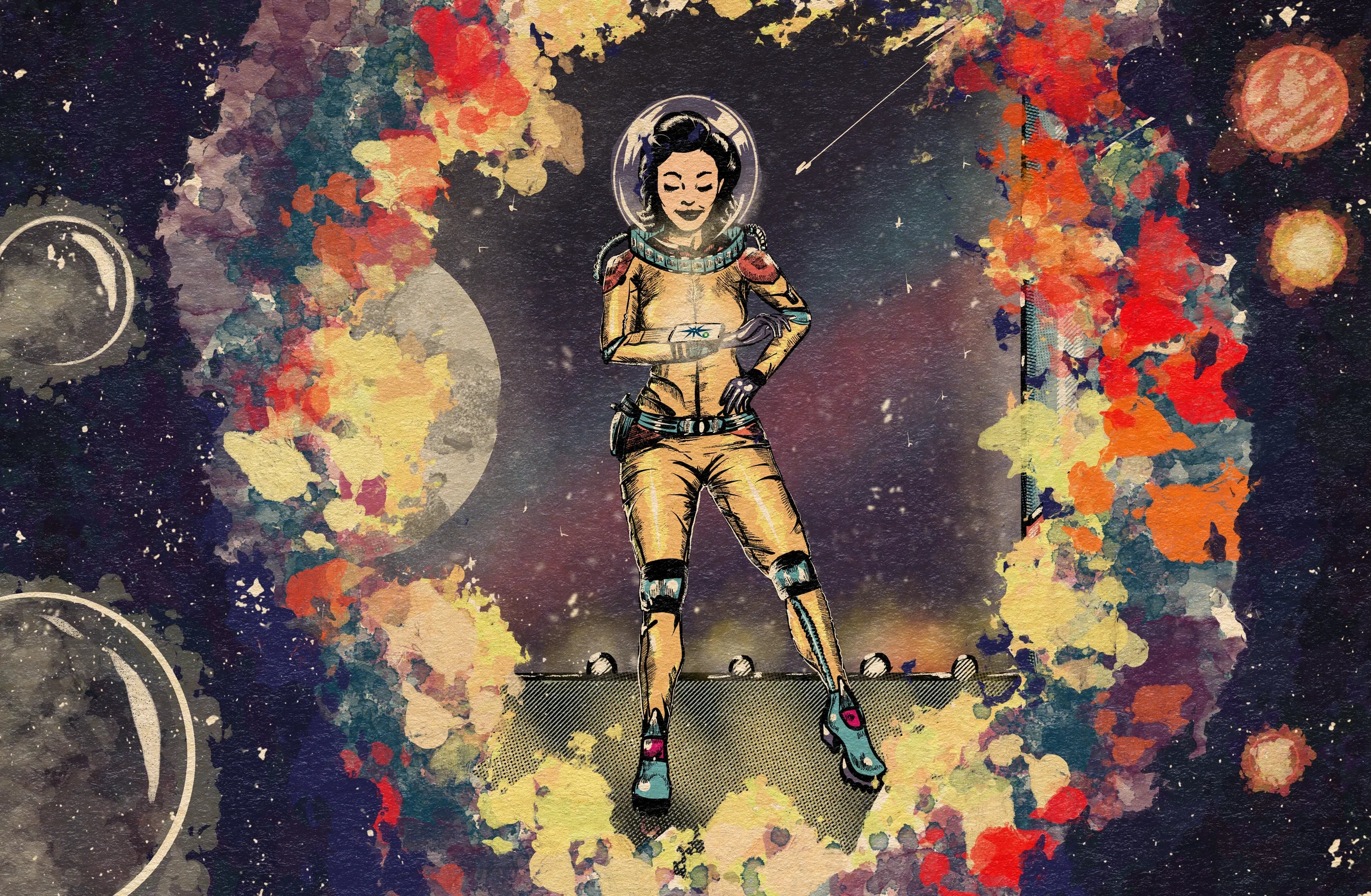 An astronaut standing in a watercolor galaxy