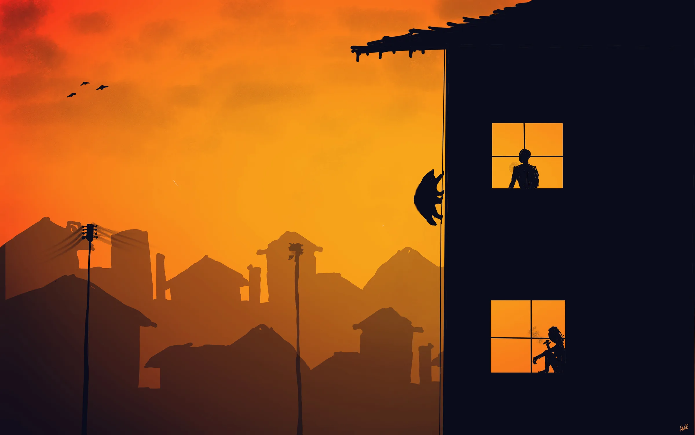 A raccoon climbing down a rope past lit apartment windows at sunset